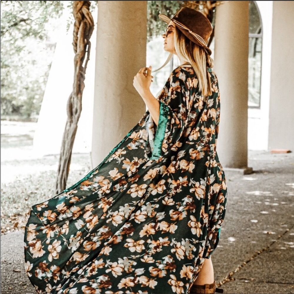 TEAL FLORAL BOHEMIAN OPEN FRONT MAXI LENGTH KIMONO
